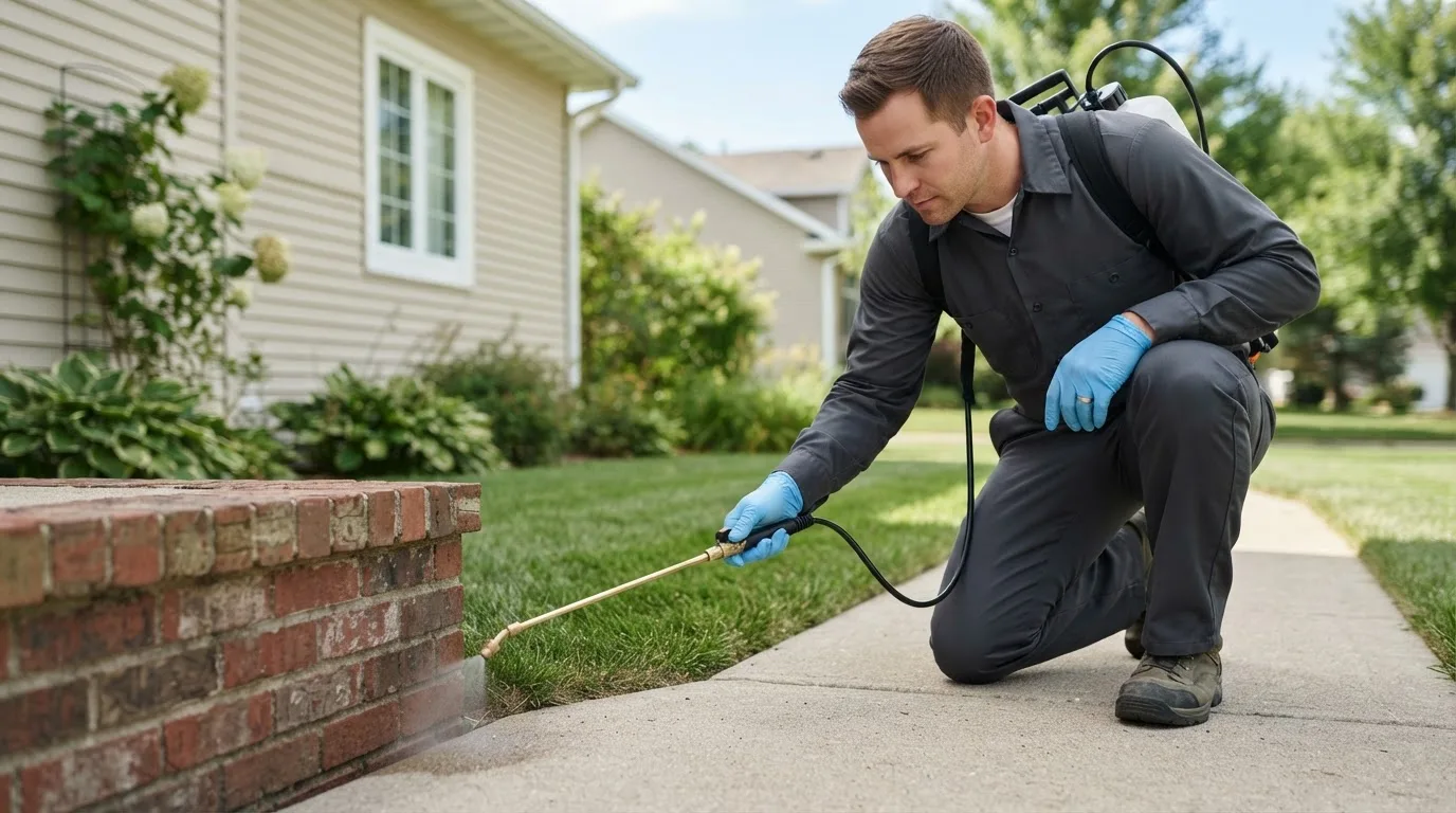 Pest control technician treating a home near Wyandanch, NY